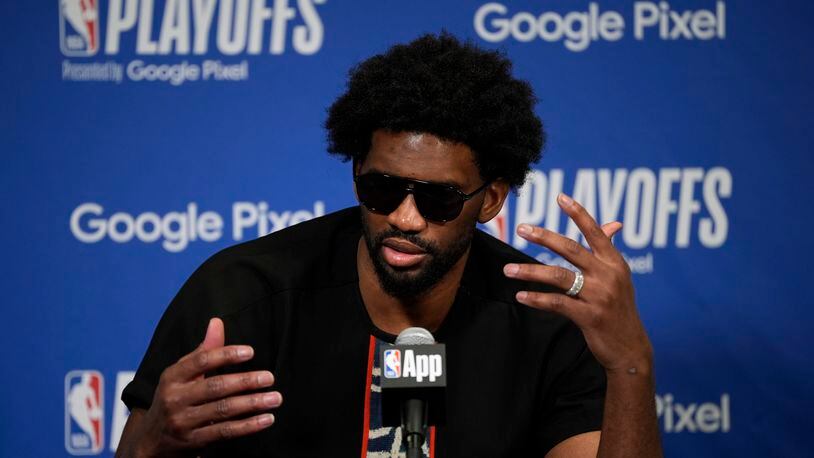 Philadelphia 76ers' Joel Embiid speaks during a news conference after Game 3 in an NBA basketball first-round playoff series against the New York Knicks, Thursday, April 25, 2024, in Philadelphia. (AP Photo/Matt Slocum)