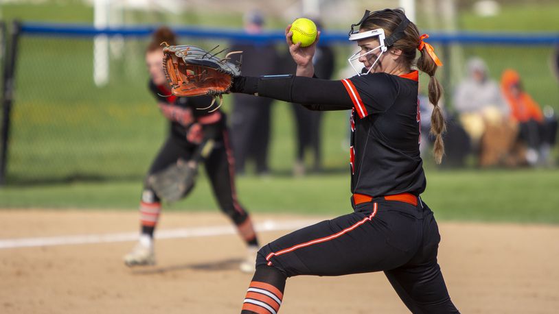 Beavercreek sophomore pitcher Haley Ferguson pitches during Tuesday's 4-1 victory at Miamisburg. She leads the Greater Western Ohio Conference in strikeouts with 105 in 76 innings and starting pitchers in ERA at 1.01. Jeff GIlbert/CONTRIBUTED