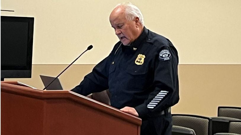 Springboro Police Chief Jeffrey P. Kruithoff tells Springboro City Council at its Feb. 2, 2023 meeting that he is planning to retire on April 21, 2023. Kruithoff said last November he marked 50 years of service in law enforcement in Michigan and Ohio. He has been Springboro's police chief for nearly 21 years. ED RICHTER/STAFF
