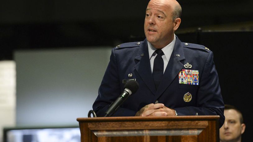 U.S. Air Force Col. Patrick Miller, 88th Air Base Wing commander, delivers remarks after accepting command during a change of command ceremony inside the National Museum of the United States Air Force at Wright-Patterson Air Force Base, Ohio, June 12, 2020. (U.S. Air Force photo by Wesley Farnsworth)