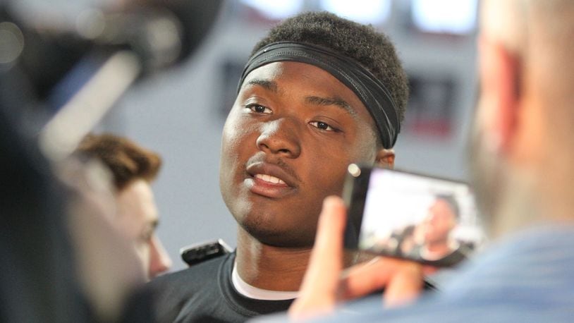 Ohio State’s Dwayne Haskins talks to reporters on Thursday, March 22, 2018, at the Woody Hayes Athletic Center in Columbus. David Jablonski/Staff
