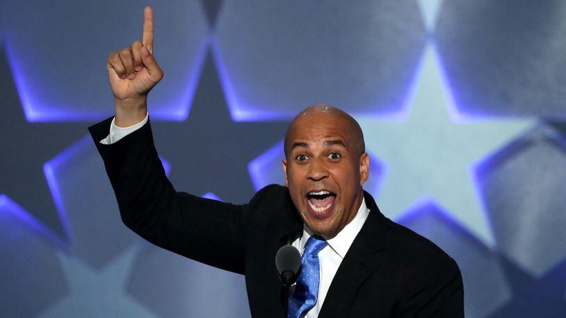 PHILADELPHIA, PA - JULY 25: Sen. Cory Booker (D-NJ) gestures while delivering remarks on the first day of the Democratic National Convention at the Wells Fargo Center, July 25, 2016 in Philadelphia, Pennsylvania. An estimated 50,000 people are expected in Philadelphia, including hundreds of protesters and members of the media. The four-day Democratic National Convention kicked off July 25. (Photo by Alex Wong/Getty Images)