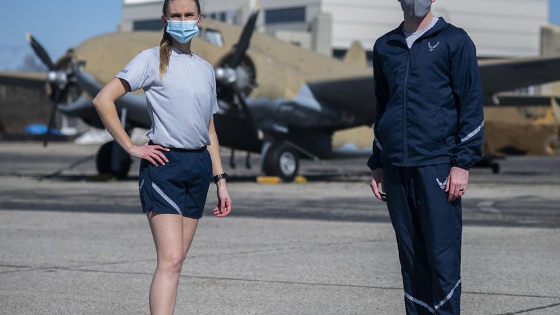 Air Force Uniform Office members 2nd Lt. Maverick Wilhite and 1st Lt. Avery Thomson put updated versions of the Air Force physical training gear, or PTG, uniform through their paces at Wright-Patterson Air Force Base last week. U.S. Air Force photo by Jim Varhegyi