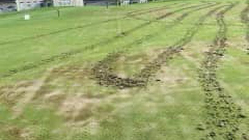 A photo of the tire tracks on Beavercreek Golf Club. Courtesy of the Beavercreek Police Department.