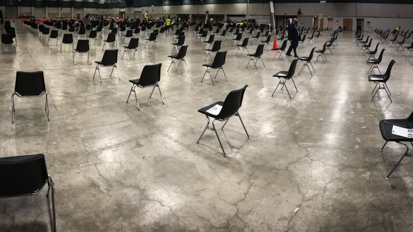 There was no line Thursday afternoon, April 15, 2021, for the COVID-19 vaccination clinic open until 6 p.m. at the Dayton Convention Center. The vaccination clinic has since moved to Sinclair College Centerville. FILE