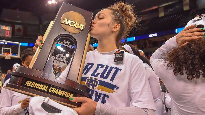 Fairmont H.S. grad and Notre Dame senior Kathryn Westbeld scored a career-high 20 points in a regional final defeat of Oregon. Notre Dame will play UConn in an NCAA Women’s basketball final four semifinal at Nationwide Arena in Columbus on Friday, March 30, 2018. PHOTO COURTESY OF NOTRE DAME