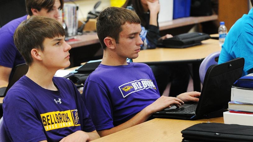 Students in a AP Computer Science class at Bellbrook High School. Back row left to right is Ben Hunt and Aidan Jones. Front row left to right is Matteo Krivitzky and Zach Shore. MARSHALL GORBY\STAFF