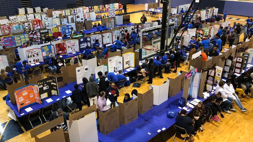 Science, technology and invention projects fill the Ponitz Career Tech Center gym during Dayton Public Schools’ 2018 science fair. CONTRIBUTED PHOTO