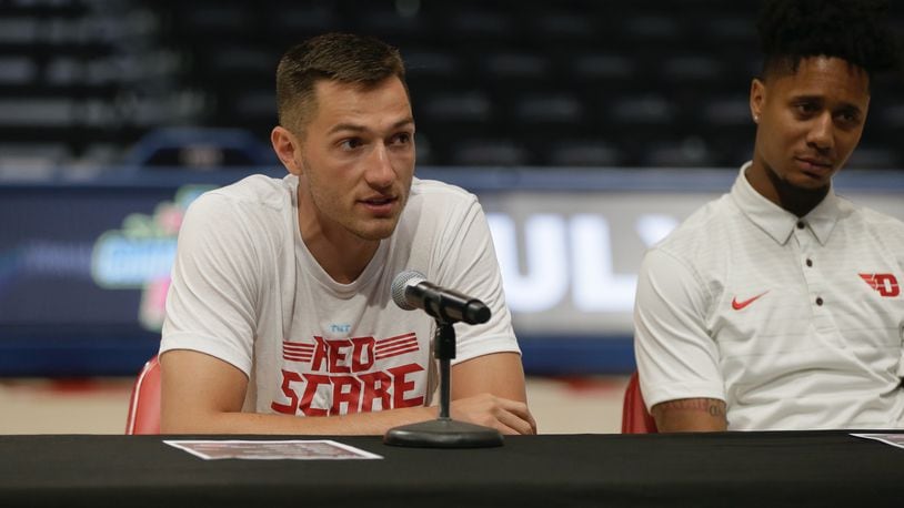 The Red Scare's Ryan Mikesell talks at a press conference for The Basketball Tournament on Wednesday, June 22, 2022, at UD Arena in Dayton. David Jablonski/Staff