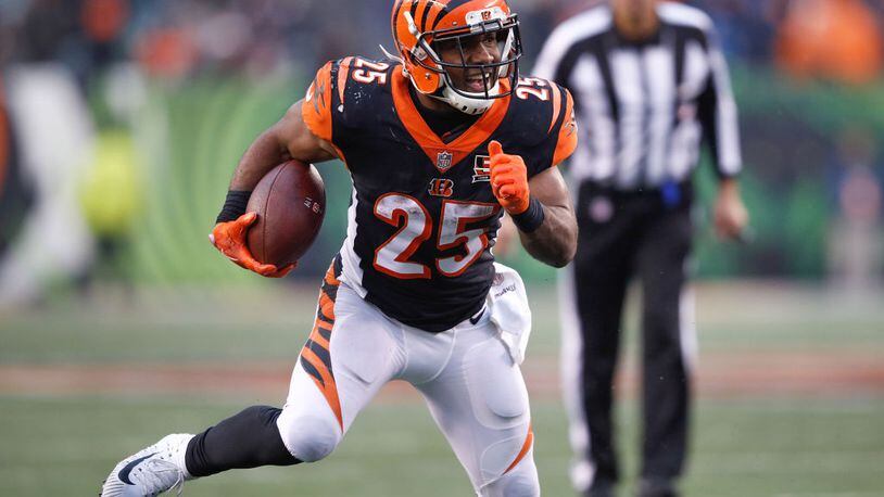 CINCINNATI, OH - DECEMBER 24: Giovani Bernard #25 of the Cincinnati Bengals runs with the ball against the Detroit Lions during the second half at Paul Brown Stadium on December 24, 2017 in Cincinnati, Ohio. (Photo by Joe Robbins/Getty Images)