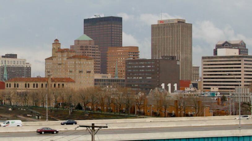 The downtown Dayton skyline is scene from a vantage point at the Dayton Art Institute.