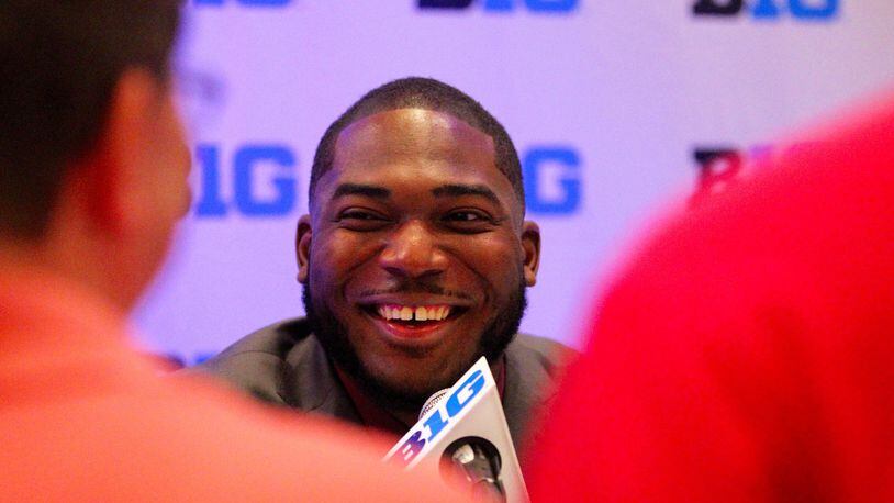 Ohio State’s Tyquan Lewis talks to reporters at Big Ten Media Days at McCormick Place in Chicago on Monday, July 24, 2017. David Jablonski/Staff