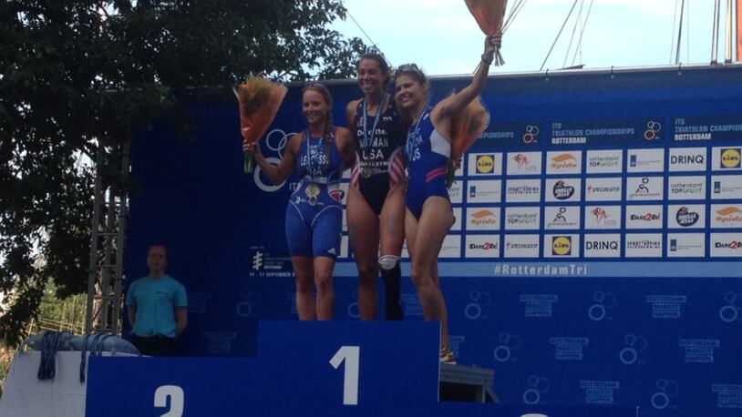 Grace Norman on the medal podum Sunday after winning gold in the 2016 ITU Paratriathlon World Championships. CONTRIBUTED