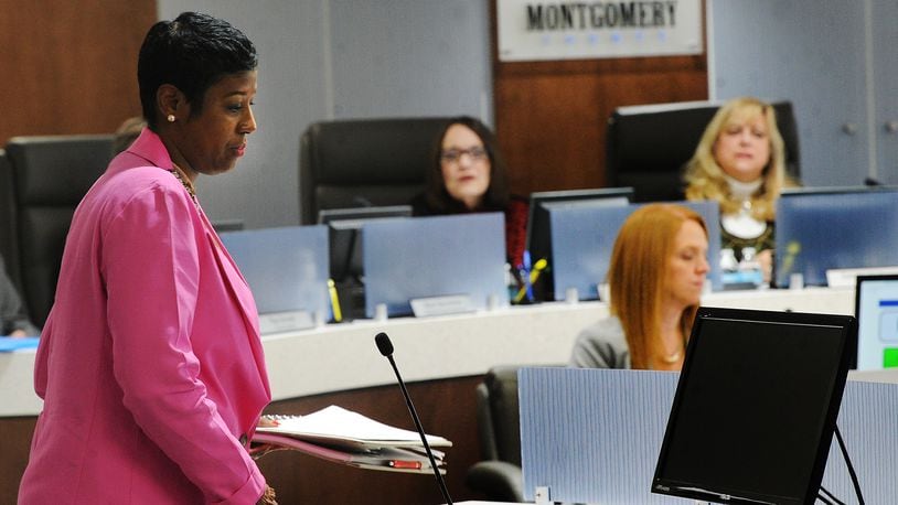 Denise Henton, the fiance of a cousin of Steven Blackshear, who died last week in the Montgomery County Jail, spoke at the Montgomery County Commissioners meeting Tuesday, Feb. 7, 2023.  MARSHALL GORBY/STAFF