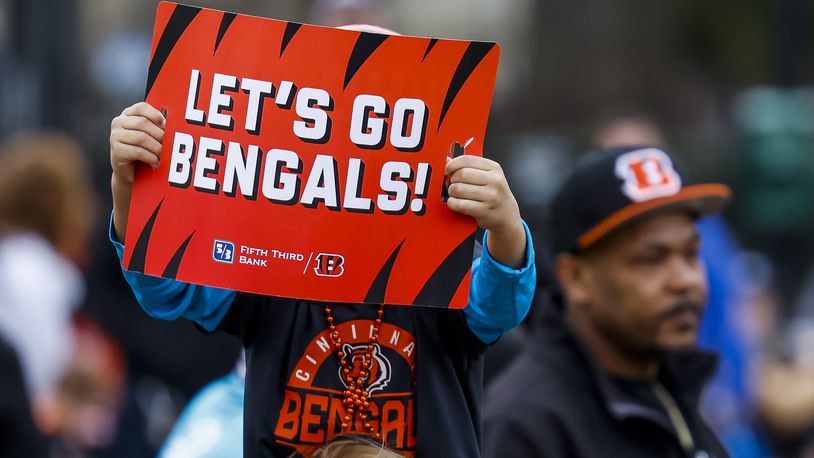 Bengals fans gather for a rally in support of the Cincinnati Bengals Wednesday, Feb. 16, 2022 at Washington Park in Cincinnati. NICK GRAHAM/STAFF