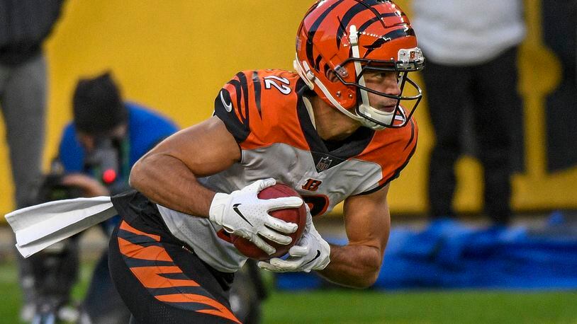 Cincinnati Bengals wide receiver Alex Erickson (12) plays during the first half of an NFL football game against the Pittsburgh Steelers in Pittsburgh, Sunday, Nov. 15, 2020. (AP Photo/Don Wright)