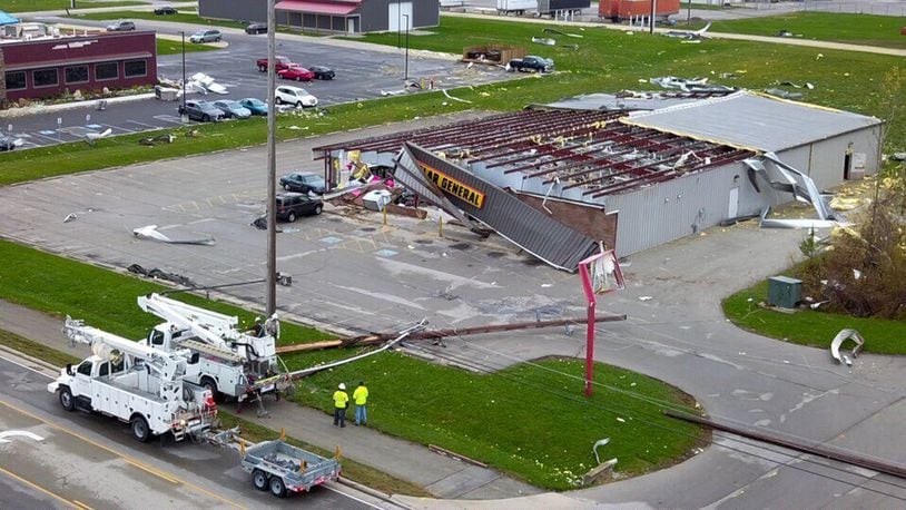A Dollar General in Celina was among multiple businesses damaged in a trio of tornadoes that hit Mercer County on Sunday. JAROD THRUSH / STAFF