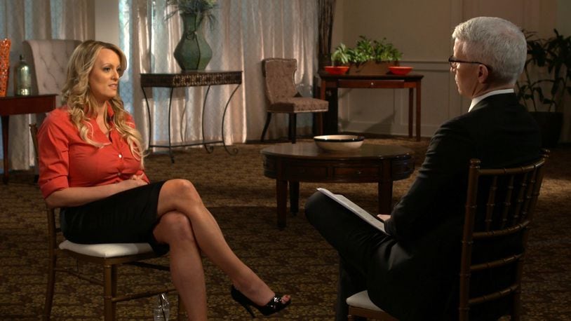 This image released by CBS News shows Stormy Daniels, left, during an interview with Anderson Cooper that aired on Sunday, March 25, 2018, on “60 Minutes.” (CBS NEWS/60 MINUTES VIA AP)