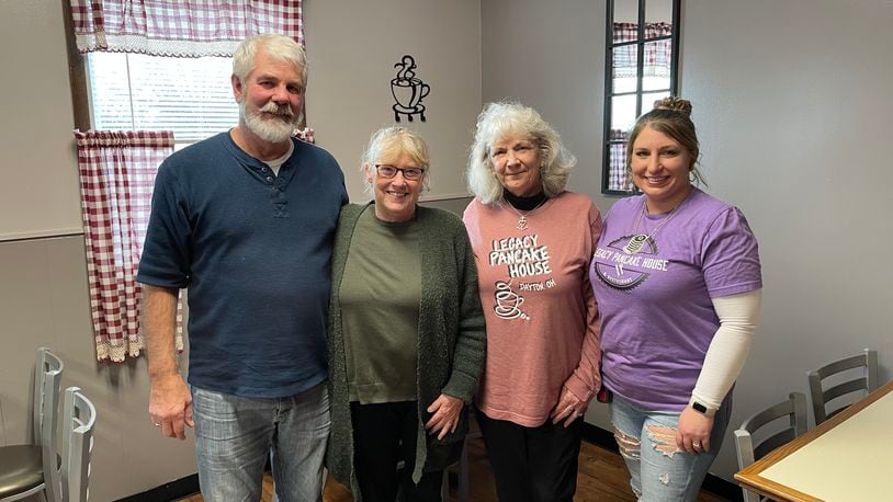 Pictured (left to right) is Kevin and Kelly McClure, the owners of Holly's Home Cooking, and Nancy Maybury and Mary Teegarden, the mother-daughter duo that own Legacy Pancake House. NATALIE JONES/STAFF