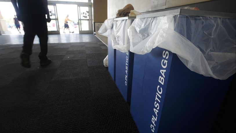 The Meijer Store on Wilmington Pike has been excepting and recycling plastic bags for over ten years. The city of Dayton has new green rules that might ban plastic shopping bags, and push for more recycling. MARSHALL GORBY\STAFF
