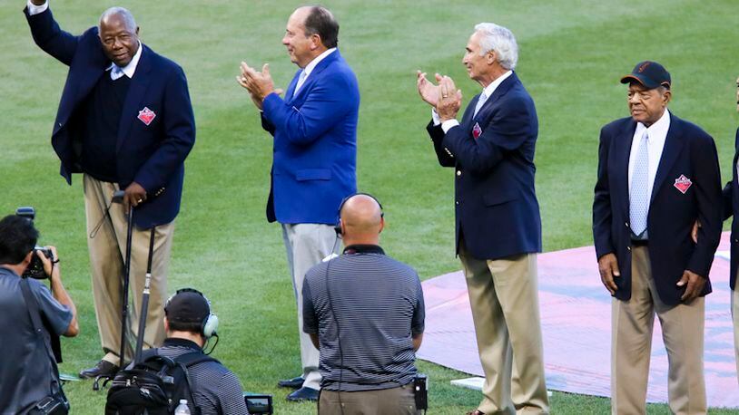 Hank Aaron, Johnny Bench, Sandy Koufax, and Willie Mays were announced as the all-time Major League Baseball Franchise Four before the start of the All-Star game held at Great American Ballpark, Tuesday, July 14, 2015. GREG LYNCH / STAFF