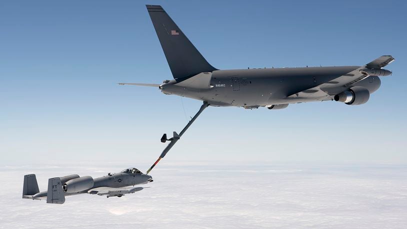A KC-46 Pegasus refuels an A-10 Thunderbolt II during flight tests this summer. The Pentagon has Ok’d production of the long-awaited Boeing-built refueling tanker. CONTRIBUTED