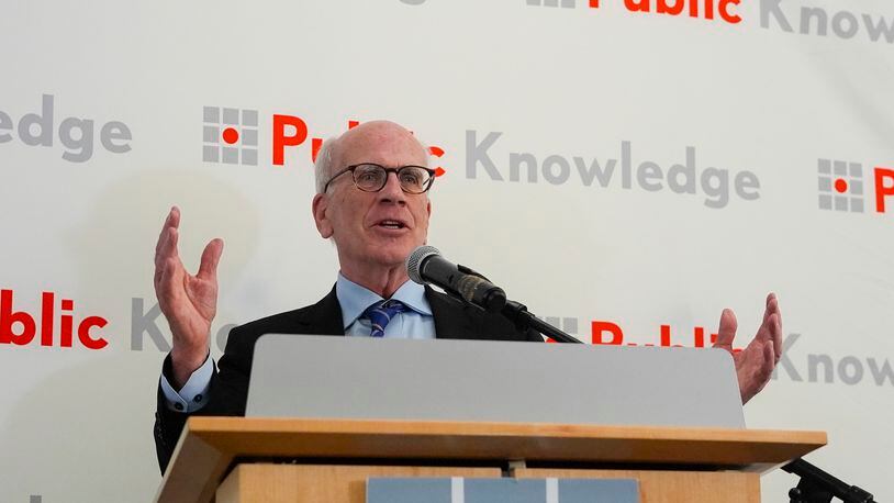 Sen. Peter Welch, D-Vt., speaking about the Affordable and Connectivity Program, ACP, at the Shaw Library in Washington, Tuesday, April 30, 2024. Advocacy groups and policymakers are pushing for Congress to fully fund the ACP, because April 2024 marks the last month of full funding. (AP Photo/Pablo Martinez Monsivais)