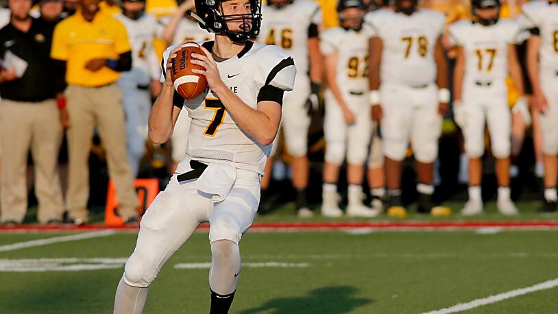 Centerville quarterback Alec Grandin looks for a receiver during their game at Fairfield Friday, August 25, 2017. Contributed photo by E.L. Hubbard