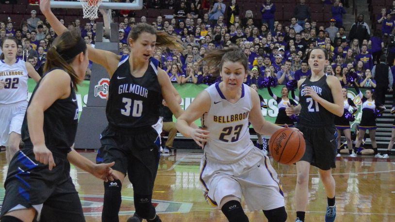 Bekah Vine of Bellbrook (with ball). Gilmour Academy defeated Bellbrook 47-40 in a girls high school basketball D-II state semifinal at OSU’s Schottenstein Center in Columbus on Friday, March 16, 2018. ERIC FRANTZ / CONTRIBUTOR