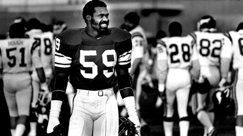 FILE - This Nov. 17, 1982 photo shows Minnesota Vikings Matt Blair.  Blair, one of the great linebackers in Minnesota Vikings history and a six-time Pro Bowler who played in two Super Bowls, has died. He was 70 years old.  Blair, who had been suffering from dementia, died Thursday, Oct. 22, 2020 after an extended period in hospice care, according to the Star Tribune.  (Bruce Bisping/Star Tribune via AP)