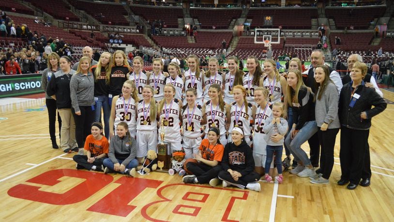 The Minster girls basketball team won its second straight Division IV state championship Saturday at the Schottenstein Center in Columbus. Eric Frantz/CONTRIBUTED