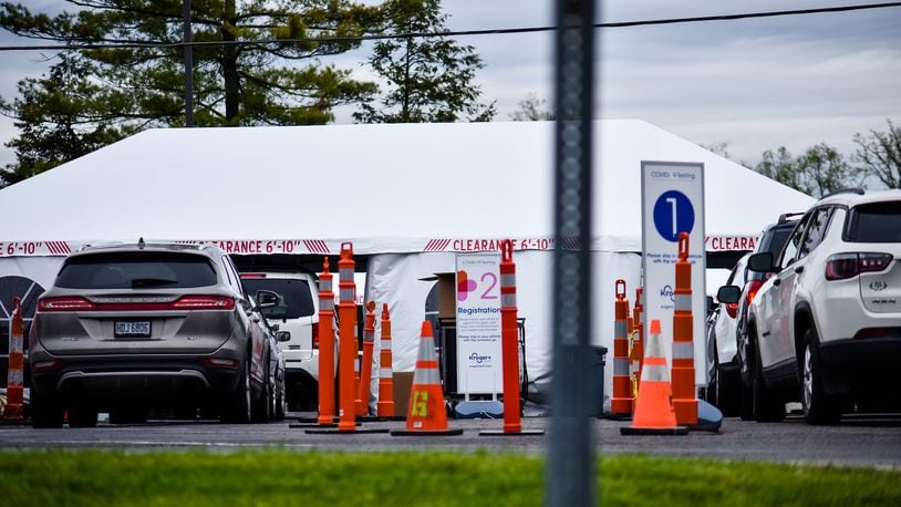 Cars line up for COVID-19 testing Tuesday, May 5, 2020 at Fort Hamilton Hospital in Hamilton. NICK GRAHAM / STAFF
