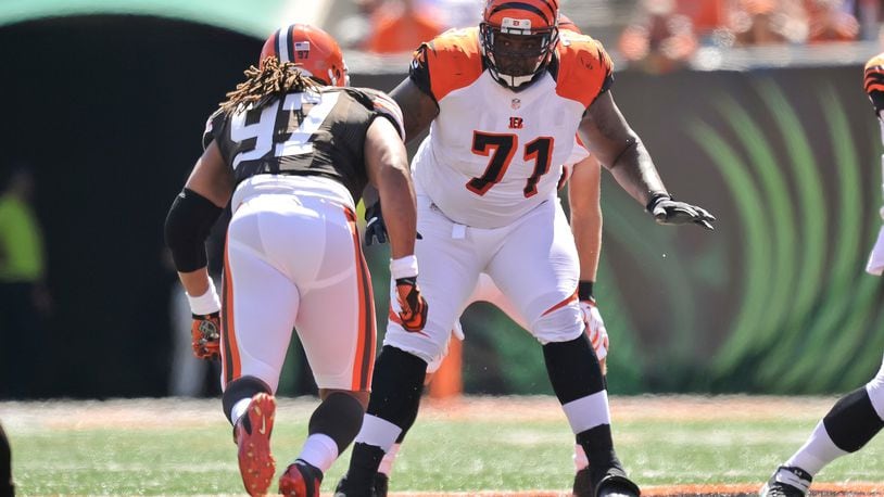 Andre Smith #71 of the Cincinnati Bengals blocks against the Cleveland Browns at Paul Brown Stadium on September 16, 2012 in Cincinnati, Ohio. (Photo by Jamie Sabau/Getty Images)