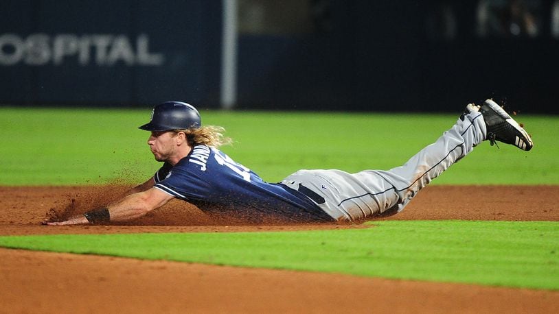 ATLANTA, GA - AUGUST 30: Travis Jankowski #16 of the San Diego Padres steals second base during the fifth inning against the Atlanta Braves at Turner Field on August 30, 2016 in Atlanta, Georgia. (Photo by Scott Cunningham/Getty Images)