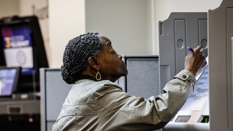 Pat Hill cast her early ballot at the Montgomery County Board of Elections Thursday morning April 28, 2022 on West Third St. JIM NOELKER/STAFF