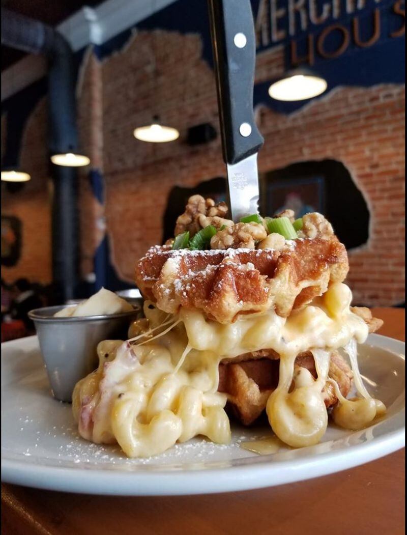 The Chicken Mac N’ Cheese Waffles at the Merchant House feature breaded chicken breast and seven-cheese bacon mac sandwiched between Belgian sugar waffles with candied walnuts, honey and powdered sugar. Perfect for inducing long, blissful naps. CONTRIBUTED