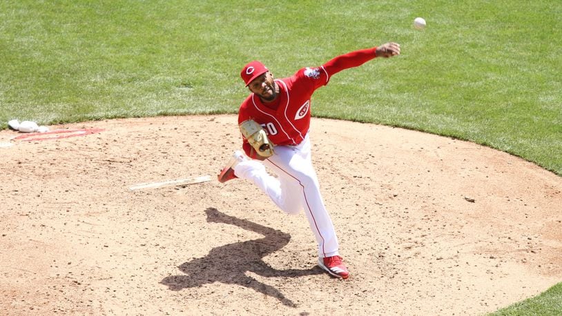 Reds reliever Amir Garrett pitches against the Braves on April 26, 2018, at Great American Ball Park in Cincinnati.
