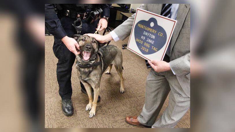 Montgomery County Auditor Karl Keith presents Dayton Police Department K-9 Jake with his 2018 dog license. Keith handed out 2018 licenses to nine police dogs from the Montgomery County Sheriff's Office, the Dayton Police Department and the Kettering Police Department on Jan. 13, 2018. Dog licenses are required by Ohio law. The 2019 dog tags are on sale online and at about 30 county locations through Jan. 31. CHRIS STEWART / STAFF
