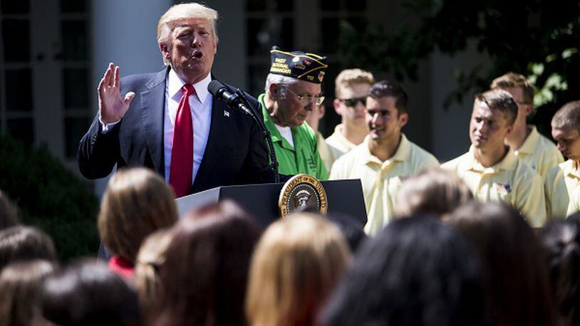 President Donald Trump speaks to boys and girls with the American Legion’s youth programs, in the Rose Garden at the White House in Washington, July 26, 2017. Trump’s declaration that transgender individuals would be barred from military service was met with surprise at the Pentagon, outrage from advocacy groups and praise from social conservatives on Wednesday. (Justin Gilliland/The New York Times)