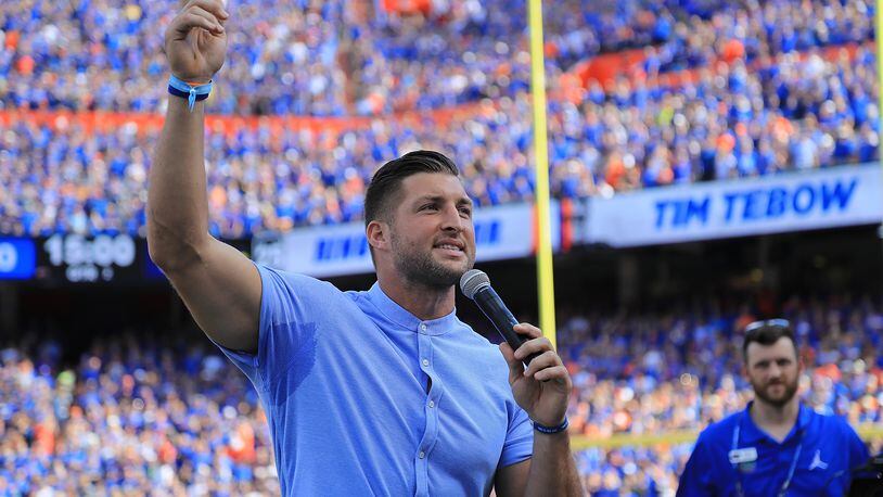 GAINESVILLE, FL - OCTOBER 06:  Tim Tebow is inducted into the Ring of Honor during the game between the Florida Gators and the LSU Tigersat Ben Hill Griffin Stadium on October 6, 2018 in Gainesville, Florida.  (Photo by Sam Greenwood/Getty Images)