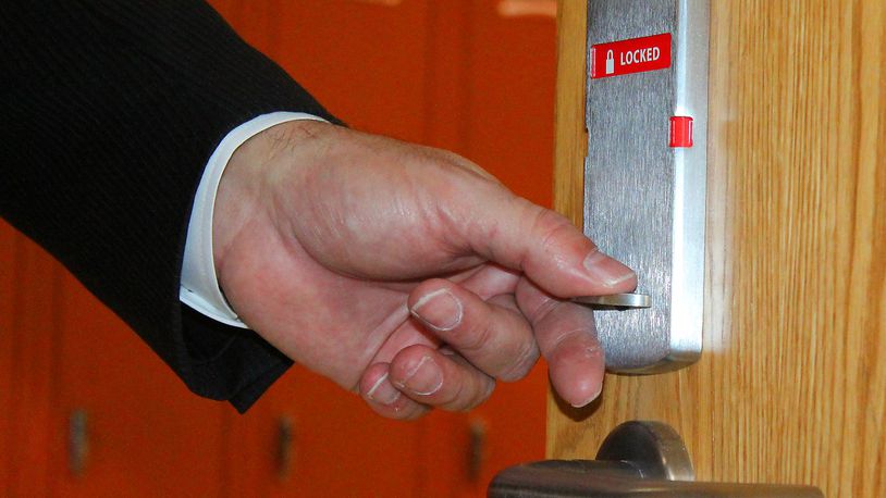 Several local school districts have invested in special door locks for school classrooms. JEFF GUERINI/STAFF