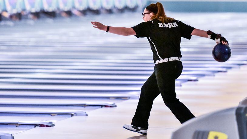 Badin’s Stephanie O’Neil competes during the Division II district bowling tournament last Thursday at Beaver-Vu Bowl in Beavercreek. NICK GRAHAM/STAFF