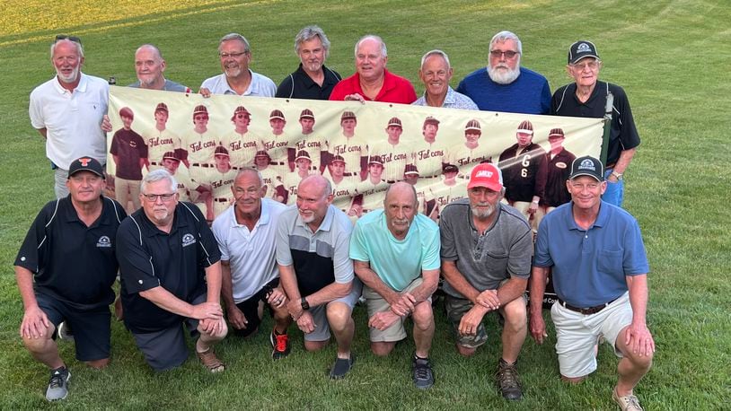Members of Graham High School's 1973 state championship baseball team pose for a photo at a reunion on Friday, June 2, 2023, at Lakeland Golf course in St. Paris. Pictured are: Back row (left to right): Bart Ward; Charlie Lee; Rick Campbell; Tim Crabtree; Gary Kite; Bill Dallas; coach Duane Hollingsworth; and coach Donzil Hall. Front row (left to right): Tim West; John Vulgamore; Steve Dallas; Bryan Kizer; Steve Harmon; Tom Dohse; and Bob Roush. Contributed photo