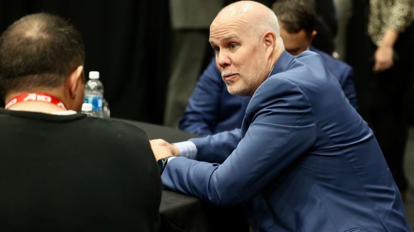 St. Bonaventure's Mark Schmidt does an interview on Atlantic 10 Conference Media Day on Thursday, Oct. 13, 2022, at the Barclays Center in Brooklyn, N.Y. David Jablonski/Staff
