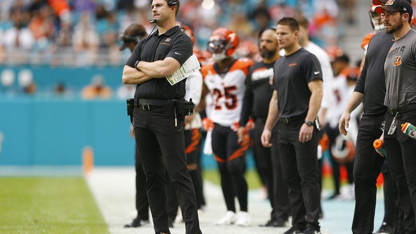 MIAMI, FLORIDA - DECEMBER 22: Head coach Zac Taylor of the Cincinnati Bengals reacts against the Miami Dolphins during the second quarter at Hard Rock Stadium on December 22, 2019 in Miami, Florida. (Photo by Michael Reaves/Getty Images)