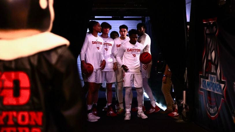 Dayton waits to take the court before a game against Fordham in the semifinals of the Atlantic 10 Conference tournament on Saturday, March 11, 2023, at the Barclays Center in Brooklyn, N.Y. David Jablonski/Staff