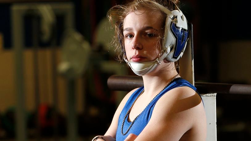 Olivia Shore wrestles on the Miami East High School boys wrestling team. She represented the United States at the Cadet World Championships in Athens, Greece in September 2018. LISA POWELL / STAFF