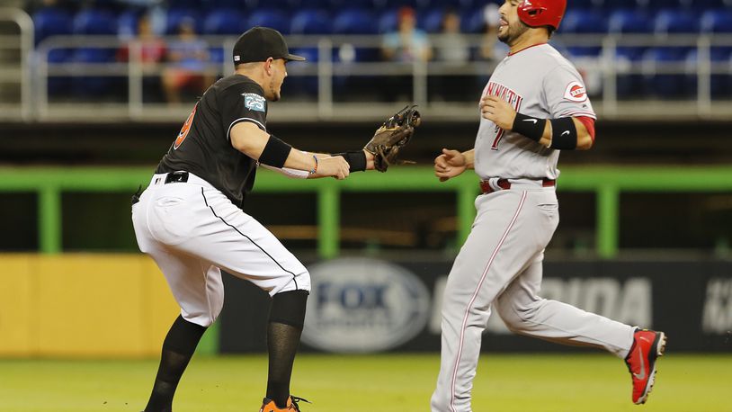 MIAMI, FL - SEPTEMBER 22: Eugenio Suarez #7 of the Cincinnati Reds is tagged out stealing in the second inning by shortstop Miguel Rojas #19 of the Miami Marlins at Marlins Park on September 22, 2018 in Miami, Florida. (Photo by Joe Skipper/Getty Images)