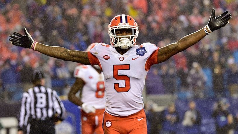 Tee Higgins (5) of the Clemson Tigers reacts after scoring a touchdown against the Pittsburgh Panthers during the second quarter of their game at Bank of America Stadium on Dec. 1, 2018 in Charlotte, N.C. (Grant Halverson/Getty Images/TNS)