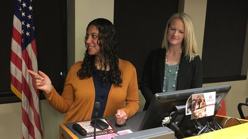 Reem Aly, vice president of Health Policy Institute Ohio, and Rebecca Carroll, health policy analyst at HPIO explain how disparities contribute to higher infant mortality rates in some groups. STAFF PHOTO/HOLLY SHIVELY